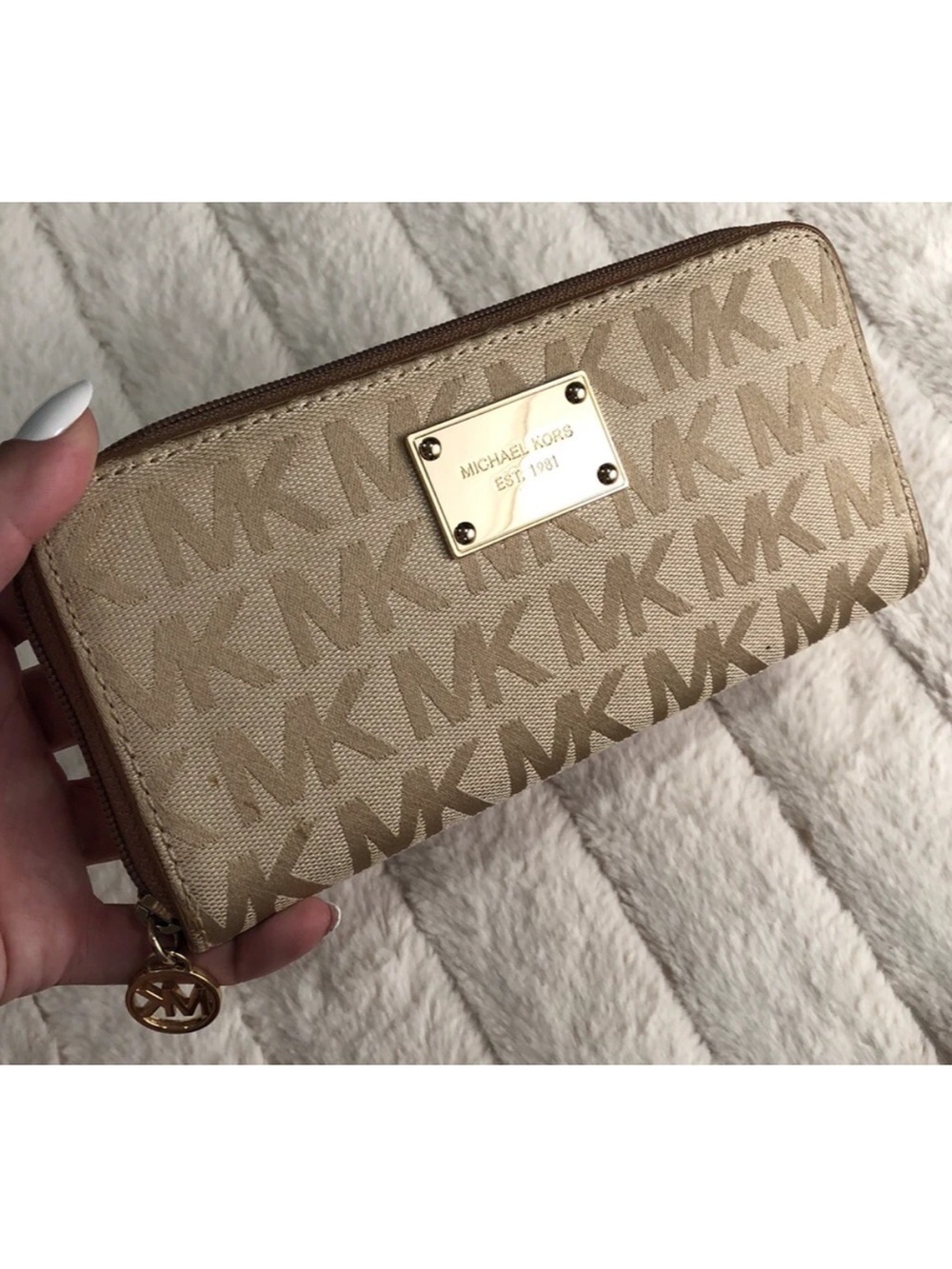 Michael Kors Tan Logo Zip-Around Wallet with Gold Plate